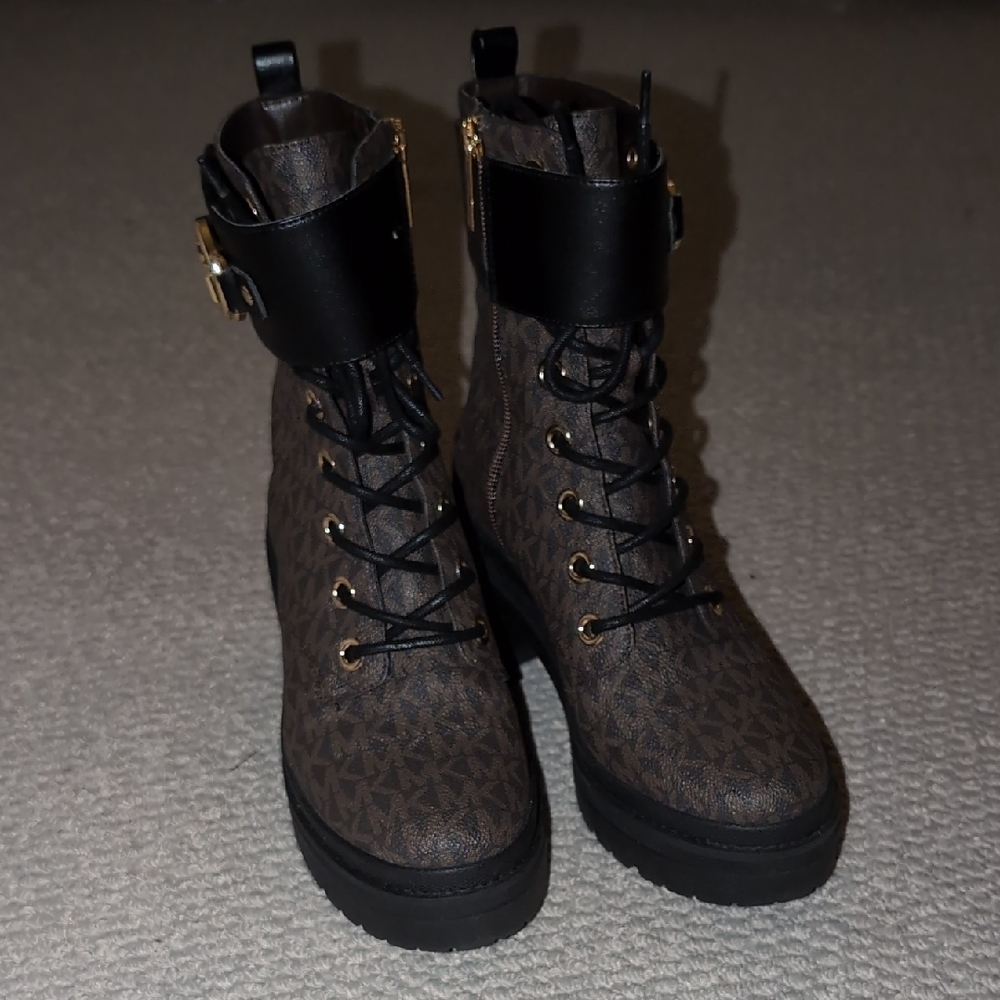 Michael Kors Black and Brown Combat Boots with Gold Accents